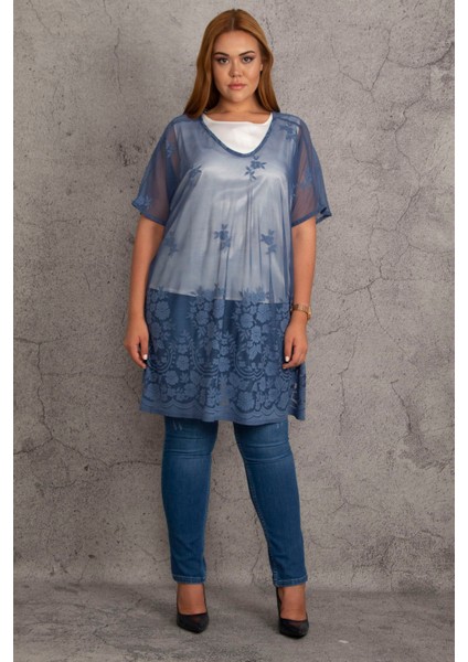Kadın Indigo Astarsız Dantel Tül Tunik 65N18430