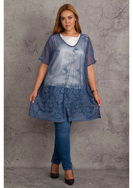 Kadın Indigo Astarsız Dantel Tül Tunik 65N18430