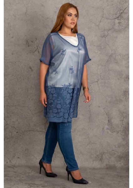 Kadın Indigo Astarsız Dantel Tül Tunik 65N18430