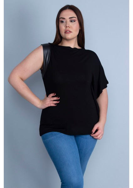 Kadın Siyah Tek Kol Ağzı Suni Deri Detaylı Düşük Kollu Bluz 65N25593 fiyatları