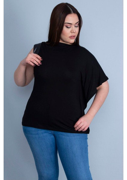 Kadın Siyah Tek Kol Ağzı Suni Deri Detaylı Düşük Kollu Bluz 65N25593 modelleri