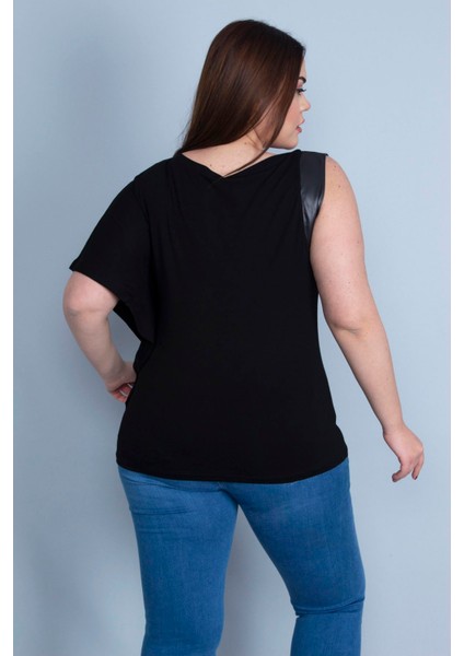 Kadın Siyah Tek Kol Ağzı Suni Deri Detaylı Düşük Kollu Bluz 65N25593 indirimleri