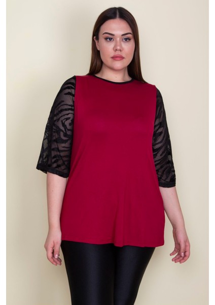 Kadın Bordo Kolları Flok Tül Detaylı Viskon Bluz 65N25580 fiyatları