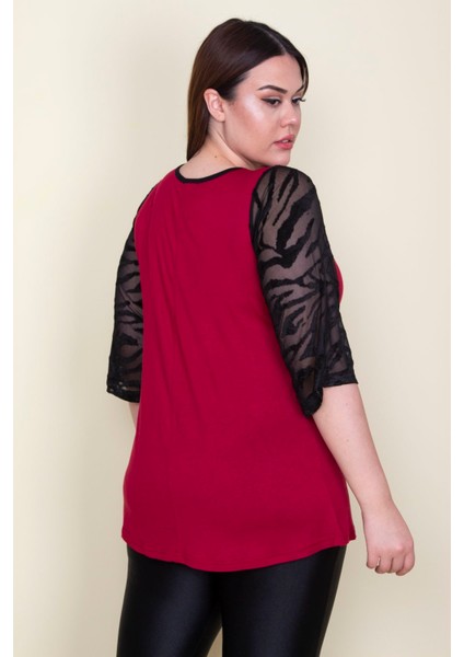 Kadın Bordo Kolları Flok Tül Detaylı Viskon Bluz 65N25580 fırsatları