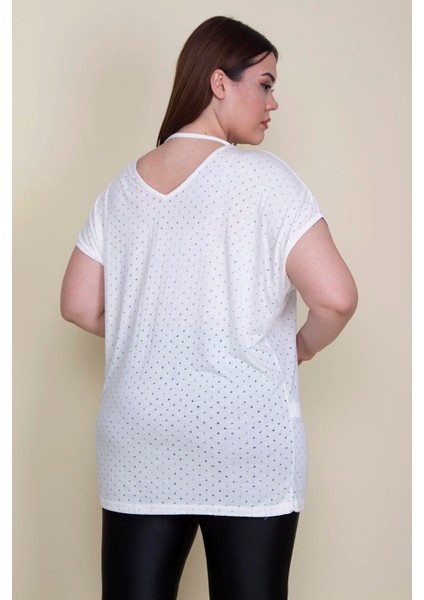 Kadın Kemik Nopeli Kumaş V Yakalı Düşük Kol Bluz 65N25690