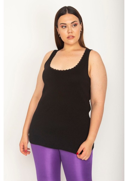 Kadın Siyah Pamuklu Kumaş Yakası Dantel Detaylı Kolsuz Bluz 65N26627 modelleri