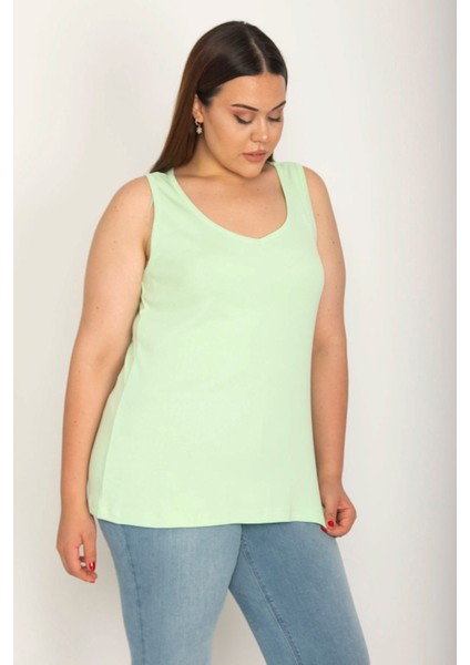 Kadın Açıl Yeşil Pamuklu Kumaş Kolsuz Bluz 65N26628