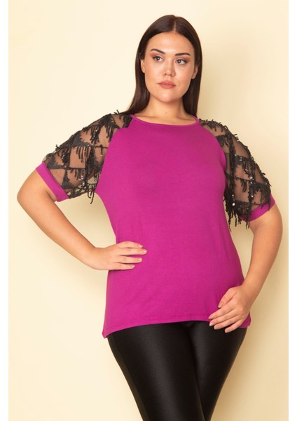 Kadın Fuşya Kolları Tül Payet Detaylı Bluz 65N28746