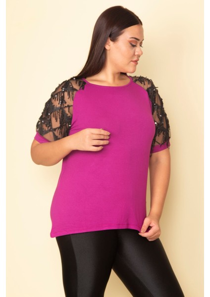 Kadın Fuşya Kolları Tül Payet Detaylı Bluz 65N28746