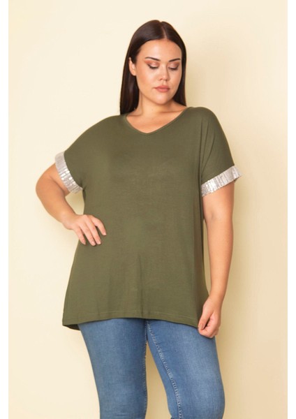 Kadın Haki Kolları Payet Detaylı V Yakalı Viskon Bluz 65N28743