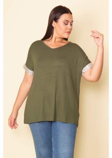 Kadın Haki Kolları Payet Detaylı V Yakalı Viskon Bluz 65N28743 fiyatları