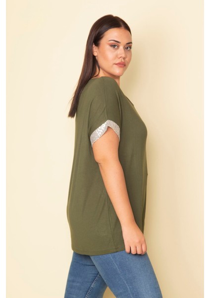 Kadın Haki Kolları Payet Detaylı V Yakalı Viskon Bluz 65N28743 modelleri