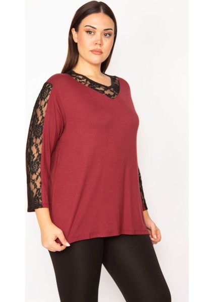 Kadın Mürdüm Dantel Detaylı Bluz 65N29505
