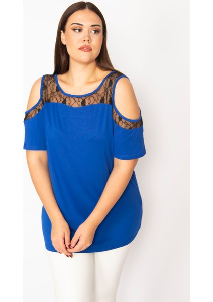 Kadın Saks Omuz Dekolteli Dantelli Bluz 65N29290 fiyatları