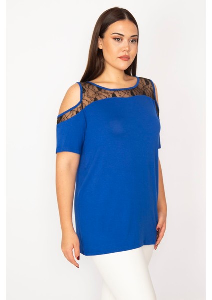Kadın Saks Omuz Dekolteli Dantelli Bluz 65N29290 modelleri