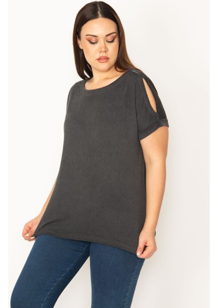 Kadın Antrasit Omuz Dekolteli Duble Kol Bluz