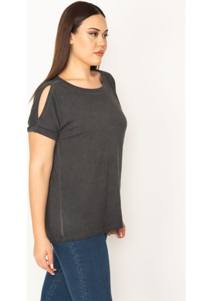 Kadın Antrasit Omuz Dekolteli Duble Kol Bluz fiyatları