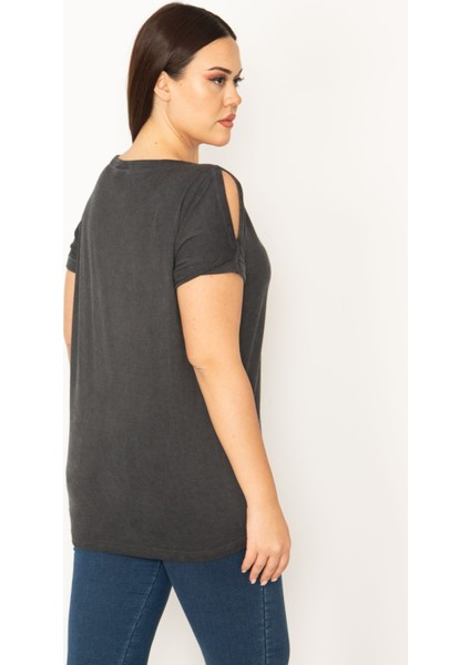 Kadın Antrasit Omuz Dekolteli Duble Kol Bluz modelleri