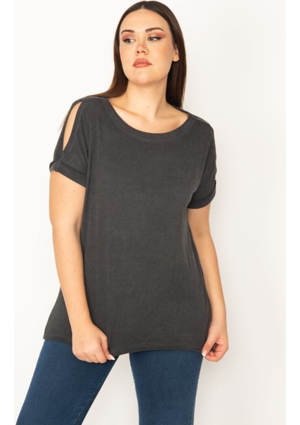 Kadın Antrasit Omuz Dekolteli Duble Kol Bluz fırsatları