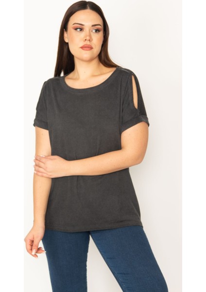 Kadın Antrasit Omuz Dekolteli Duble Kol Bluz indirimleri