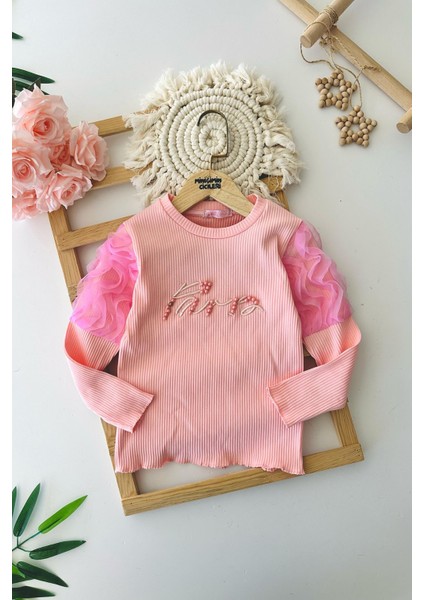 Kol Tül Detaylı Taş Işleme Kız çocuk sweat - Somon