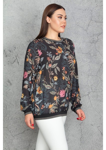 Kadın Siyah Sim Ribana Detaylı Şifon Bluz 65N30255