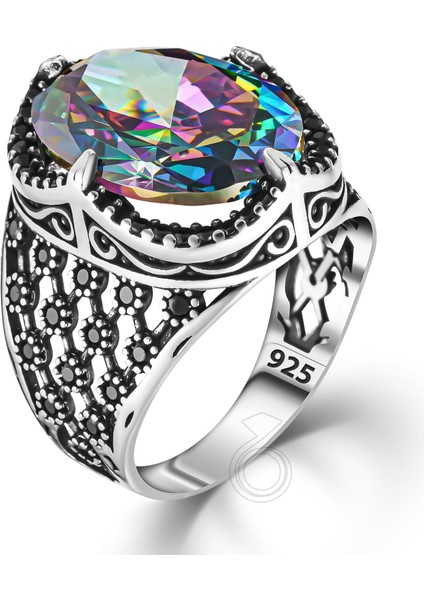 925 Ayar Gümüş Mistik Topaz Taşlı Oval Erkek Yüzük