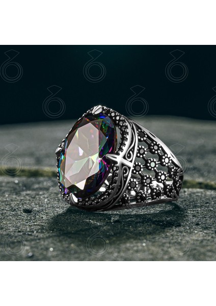 925 Ayar Gümüş Mistik Topaz Taşlı Oval Erkek Yüzük fiyatları