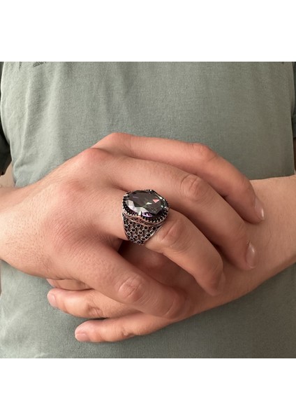 925 Ayar Gümüş Mistik Topaz Taşlı Oval Erkek Yüzük modelleri