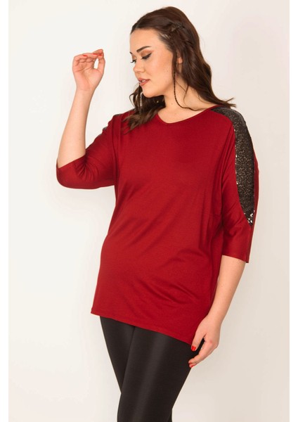 KADIN BORDO PAYET DETAYLI V YAKA KAPRİ KOL VİSKON BLUZ