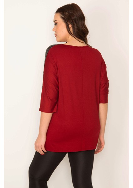 KADIN BORDO PAYET DETAYLI V YAKA KAPRİ KOL VİSKON BLUZ fiyatları