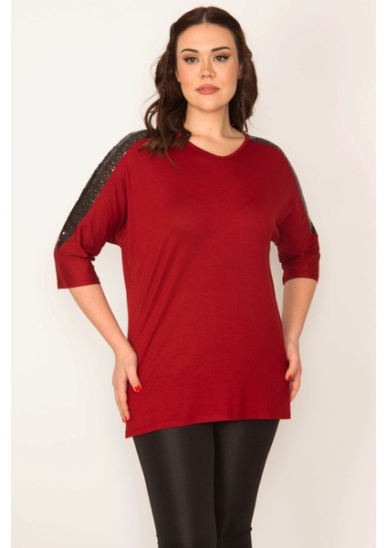 KADIN BORDO PAYET DETAYLI V YAKA KAPRİ KOL VİSKON BLUZ fırsatları