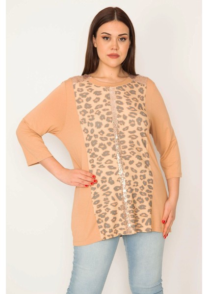 Kadın Vizon Payet Detaylı Leopar Desenli Bluz