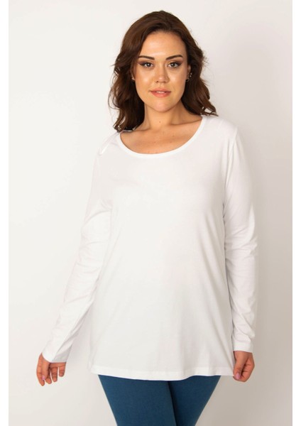 Kadın Beyaz Pamuklu Kumaş Bisiklet Yakalı Bluz 65N34238