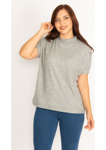 Kadın Gri Kaşkorse Kumaş Sıfır Yakalı Bluz 65N34804