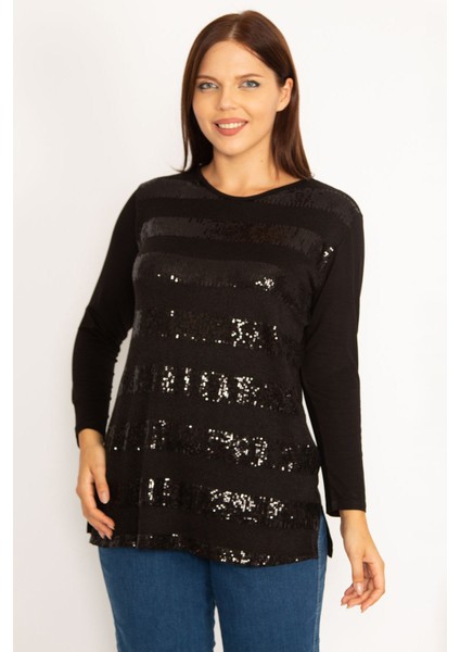 Kadın Siyah Önü Payet Detaylı Uzun Kollu Bluz 65N34724