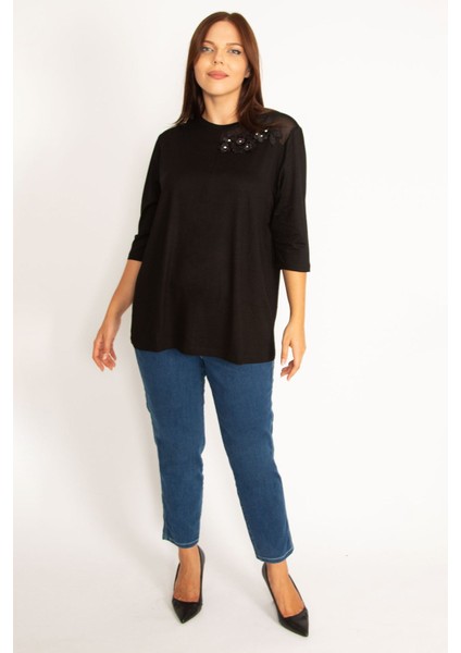 Kadın Mor Aplike ve Tül Detaylı Bluz 65N34575