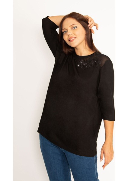 Kadın Mor Aplike ve Tül Detaylı Bluz 65N34575 indirimleri