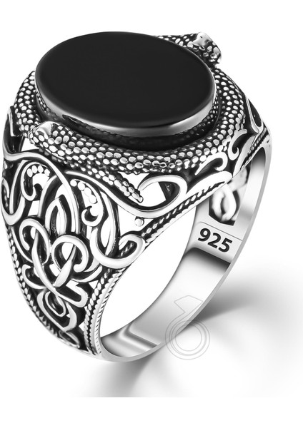 Gümüş Siyah Oniks Taşlı Yılan Işlemeli Erkek Yüzük fiyatları