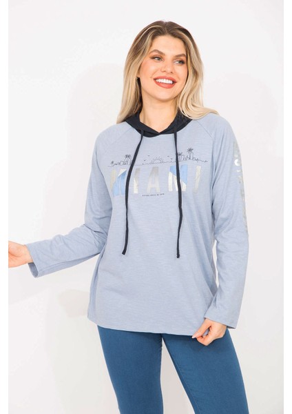 Kadın Mavi Sim Baskılı Kapşonlu Tunik 65N35300 modelleri