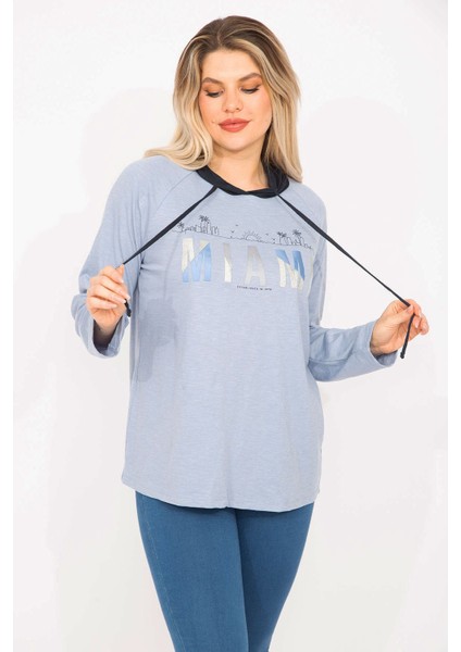 Kadın Mavi Sim Baskılı Kapşonlu Tunik 65N35300 fırsatları