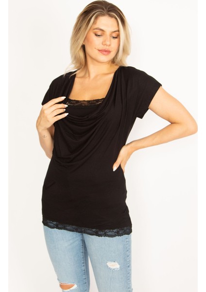 Kadın Pembe Yaka Ve Etek Ucu Dantel Detaylı Düşük Yakalı Bluz 65N34531 modelleri