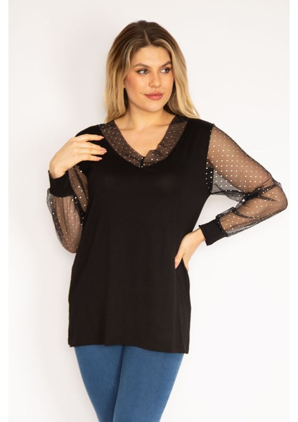 Kadın Mürdüm Yaka ve Kolları Simli Tül Bluz 65N35185