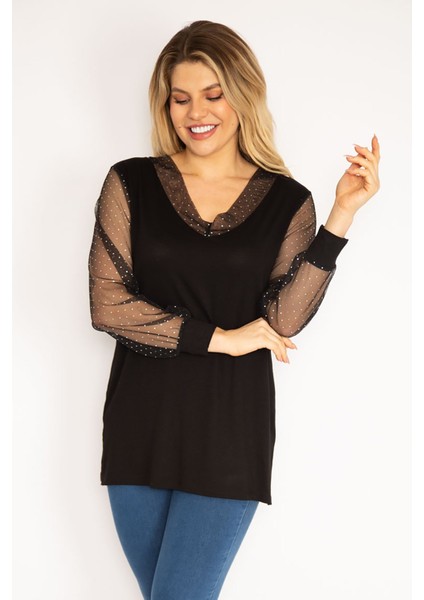 Kadın Mürdüm Yaka ve Kolları Simli Tül Bluz 65N35185