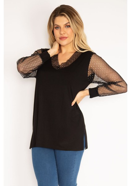 Kadın Mürdüm Yaka ve Kolları Simli Tül Bluz 65N35185