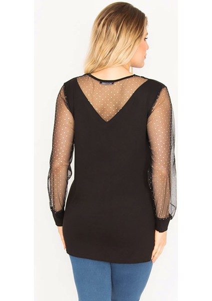 Kadın Mürdüm Yaka ve Kolları Simli Tül Bluz 65N35185