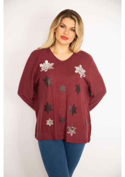 Kadın Bordo Payet Detaylı Yün Viskon Kumaş V Yakalı Bluz 65N35056 fiyatları