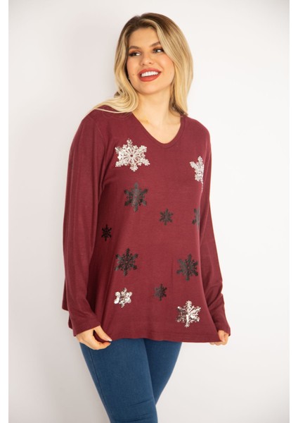 Kadın Bordo Payet Detaylı Yün Viskon Kumaş V Yakalı Bluz 65N35056 modelleri