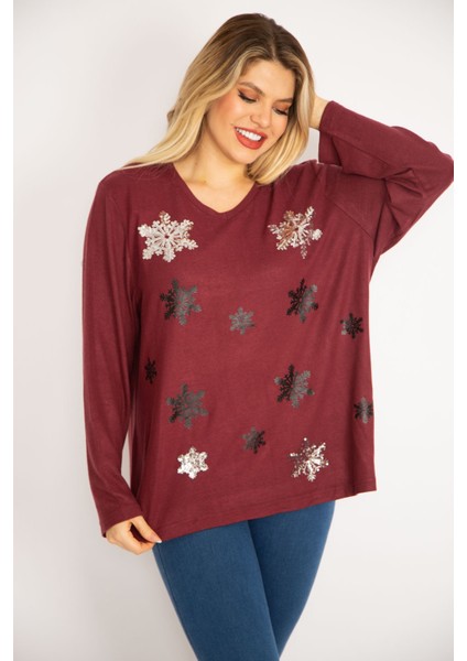 Kadın Bordo Payet Detaylı Yün Viskon Kumaş V Yakalı Bluz 65N35056 fırsatları