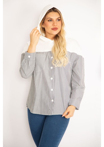 Kadın Gri Ön Düğmeli Kapşonlu Spor Gömlek Tunik 65N35184